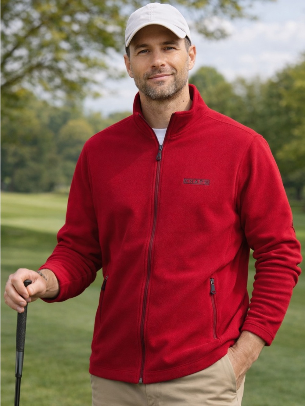 CHAPS Red Full Zip Fleece Jacket Mens Medium Classic Outdoor Lightweight Coat